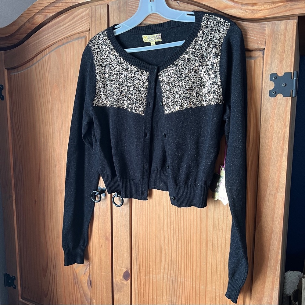 Black Cropped Cardigan with Gold Sequin Accents